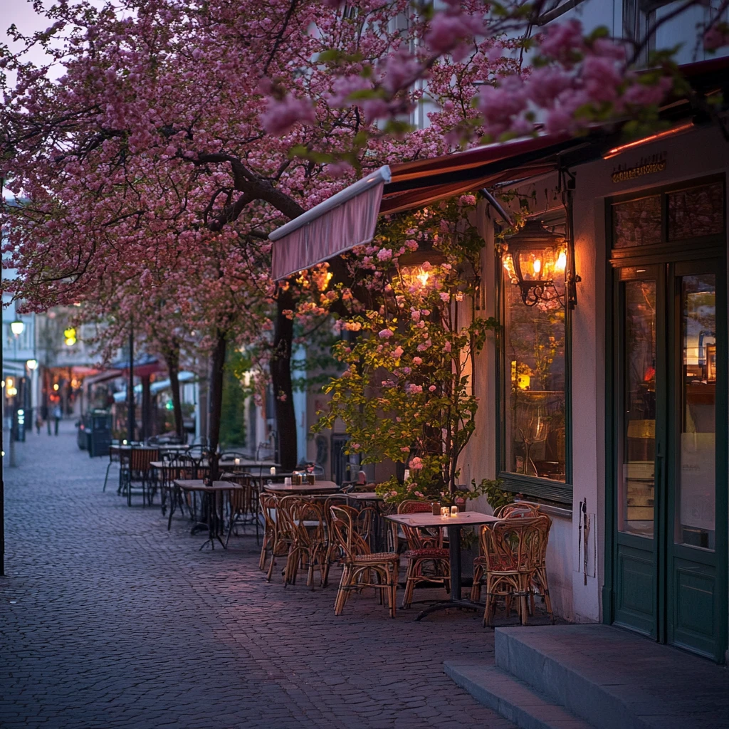 満開の桜の下にある夢のようなパステル調の街角カフェ