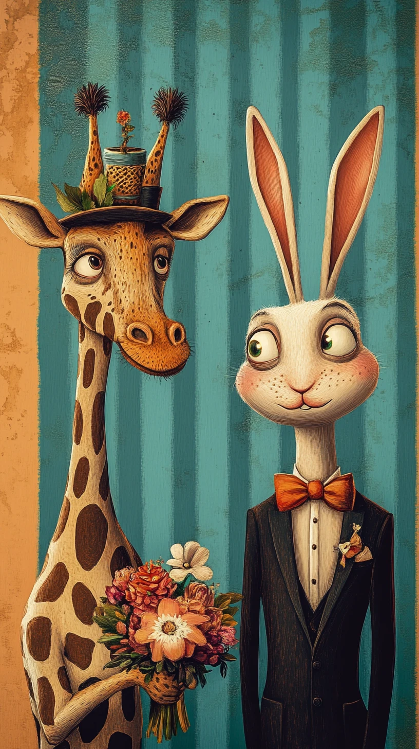 Giraffa e Coniglio in una Colorata Scena Cartoon ad Acquerello