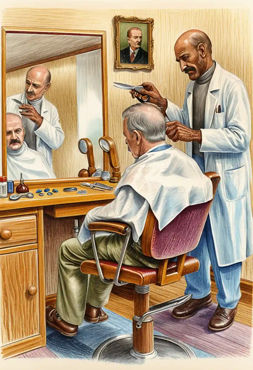 Barber trimming an older man in a classic red chair