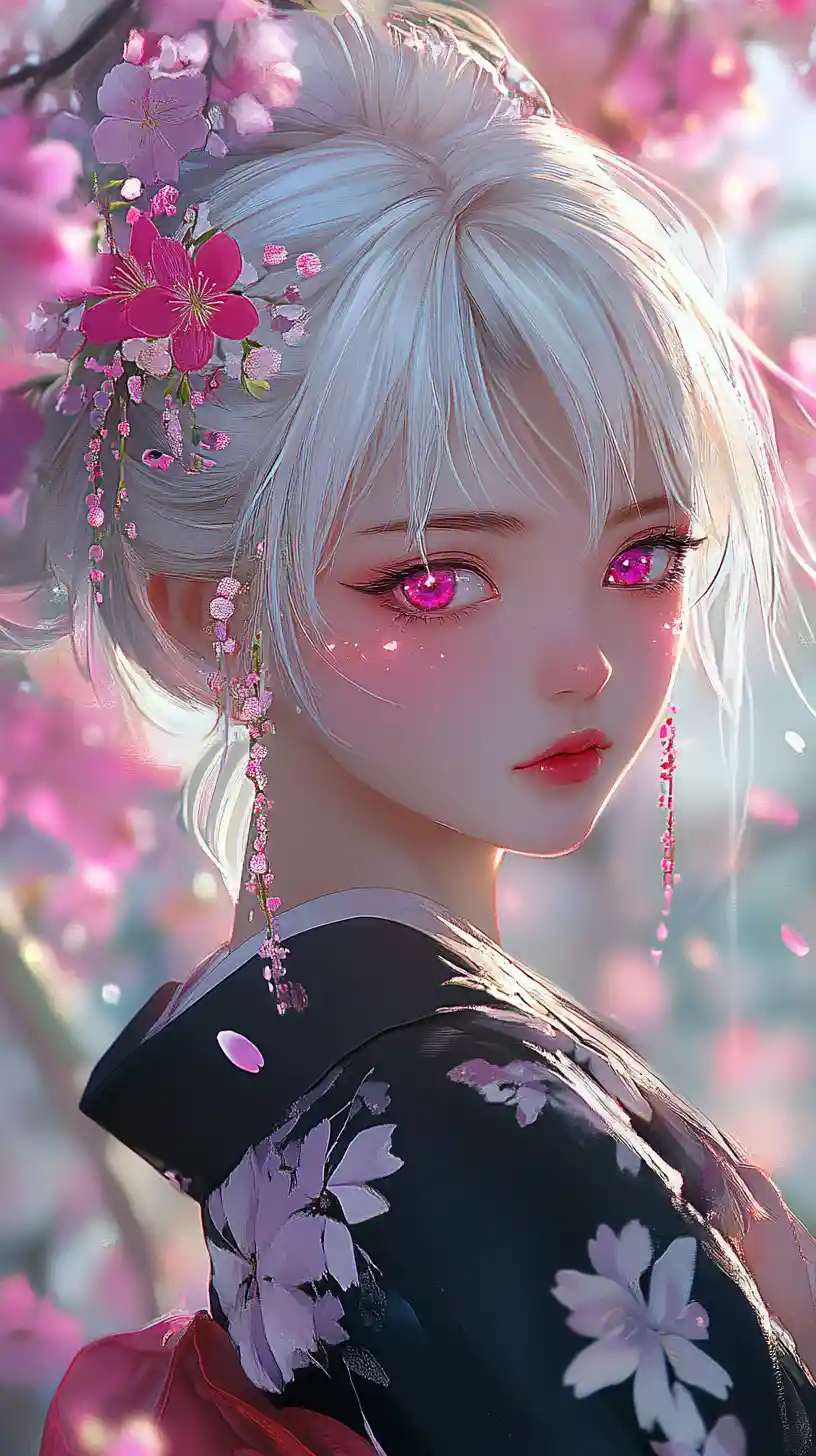 Anime girl in black kimono amid glowing cherry blossoms