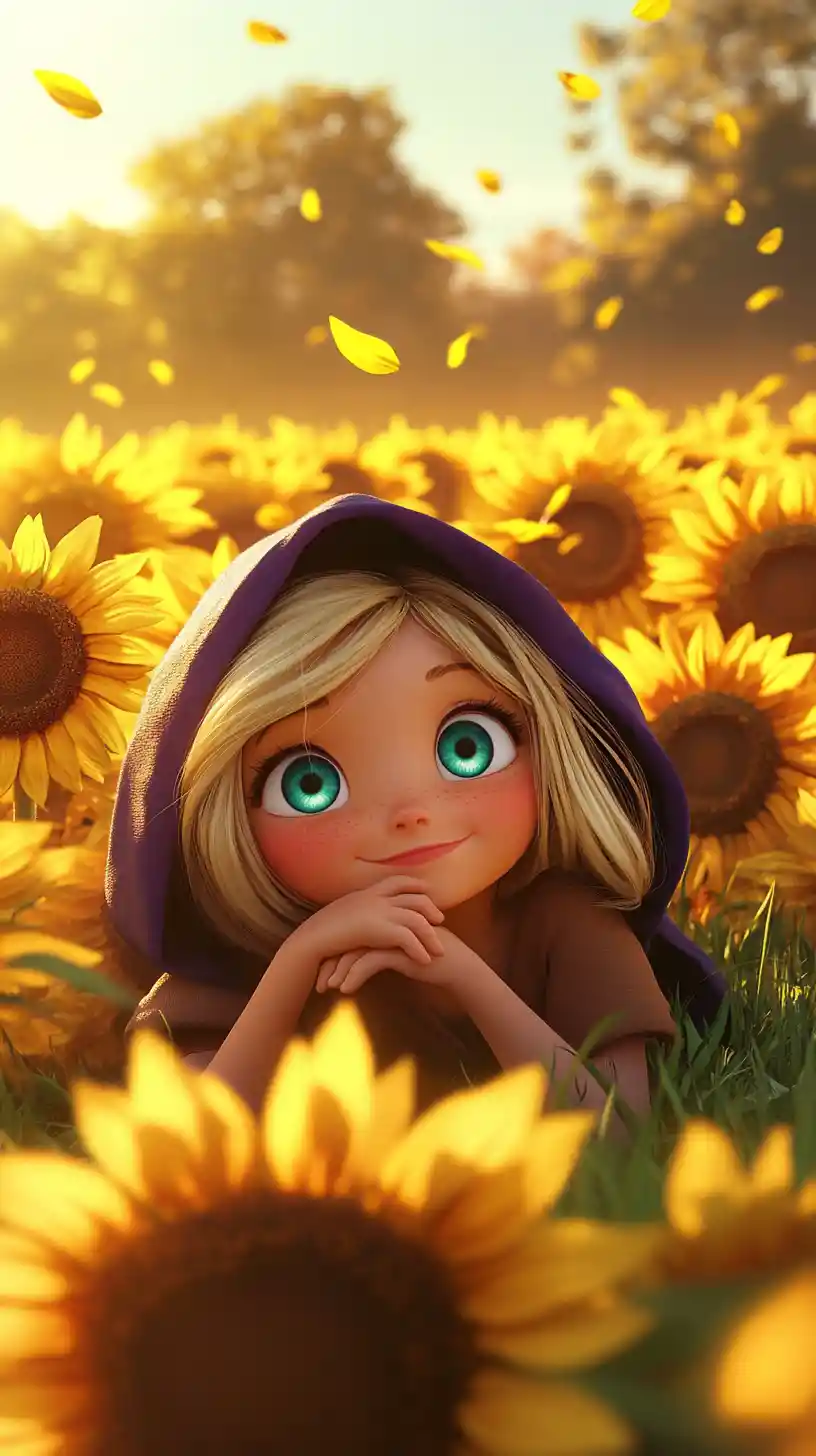 Young girl resting in a glowing sunflower field
