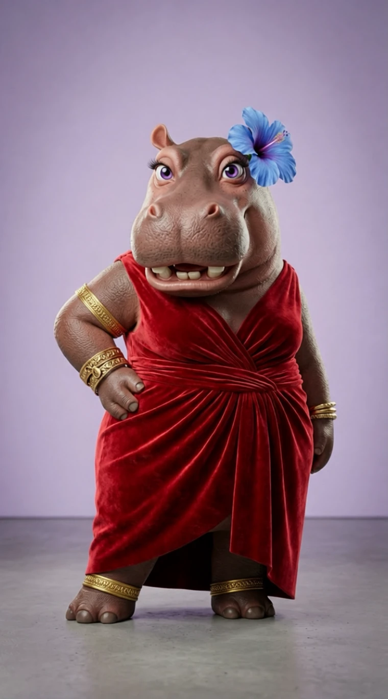 Mannequin hippopotame espiègle en robe rouge sur fond de studio lavande