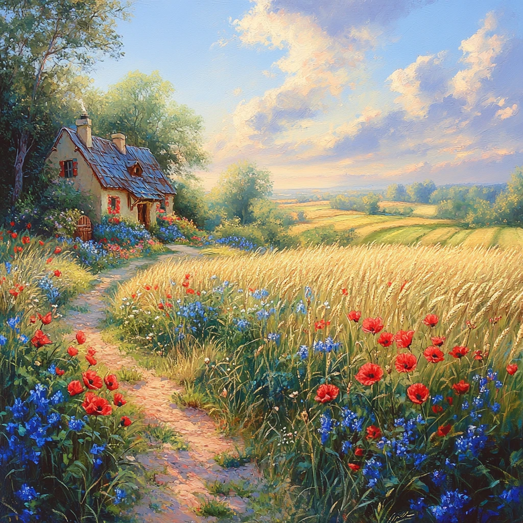 Peaceful Cottage Beside Cornfield And Wildflower Meadow