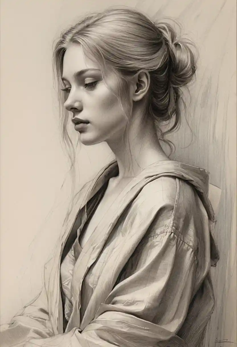 Pencil sketch profile of a young woman in quiet reflection