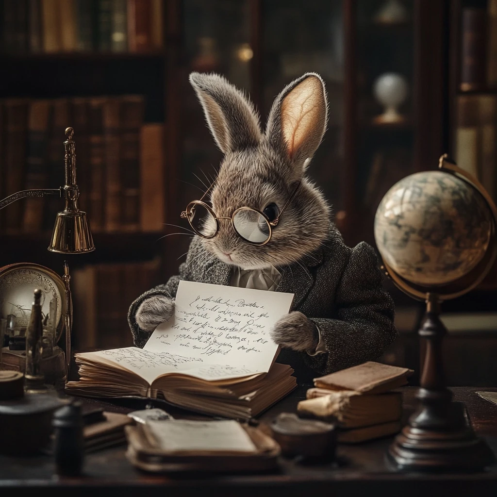 Conejo elegante con un pequeño traje escribiendo a la luz de las velas