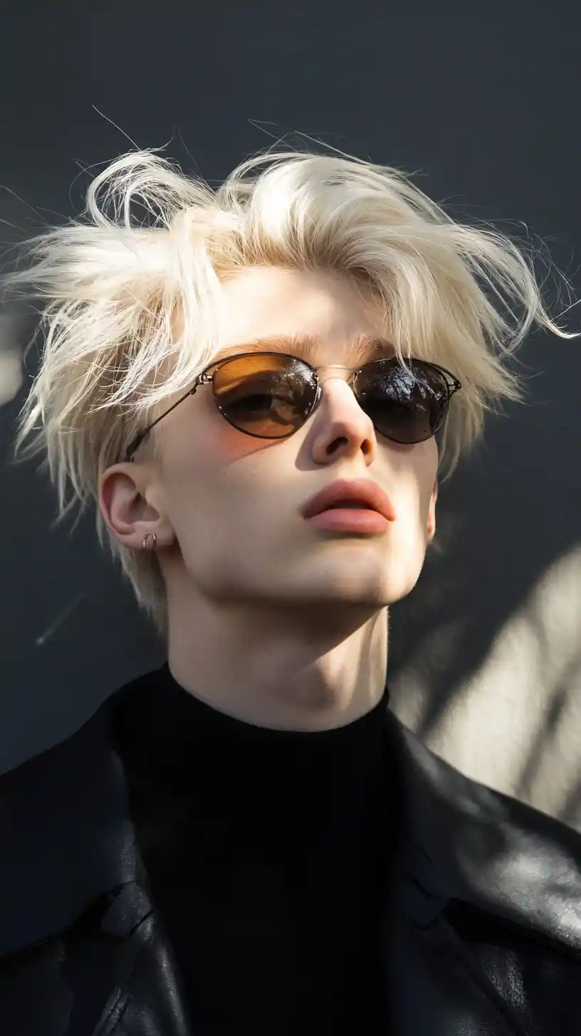 Androgynous man in round red glasses and leather jacket