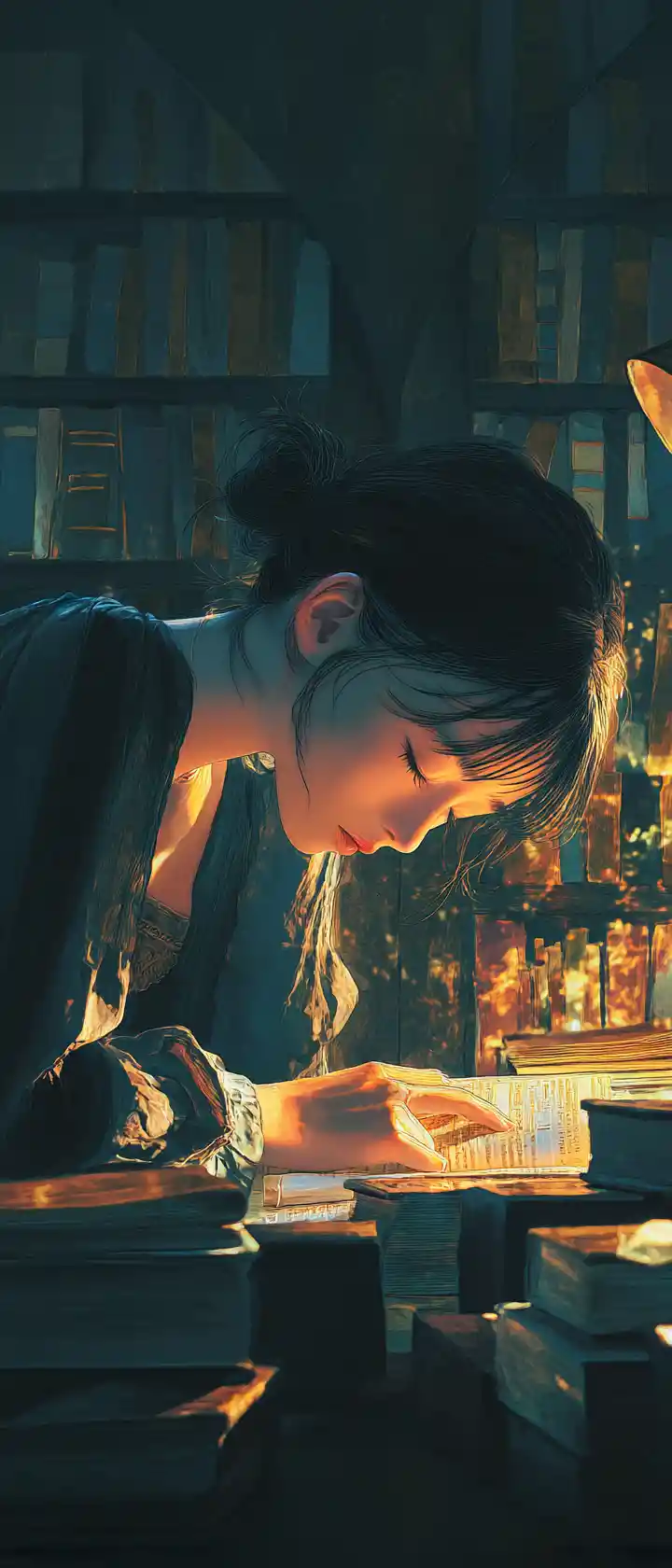 Anime librarian opening books to find photos of herself