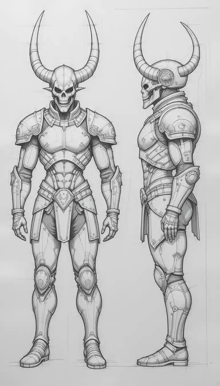 Horned armored warrior pencil concept in front and side views