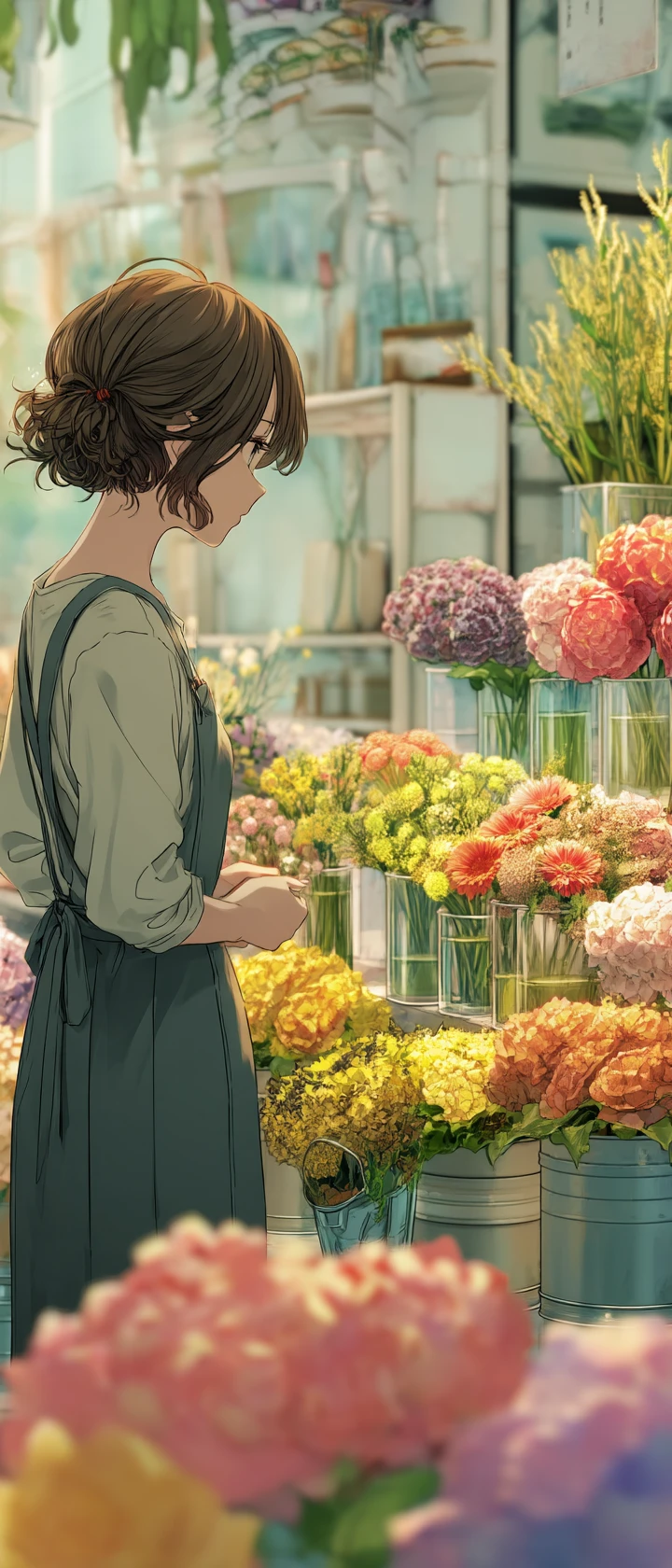 Florista de anime en una floristería tranquila con flores vigilantes
