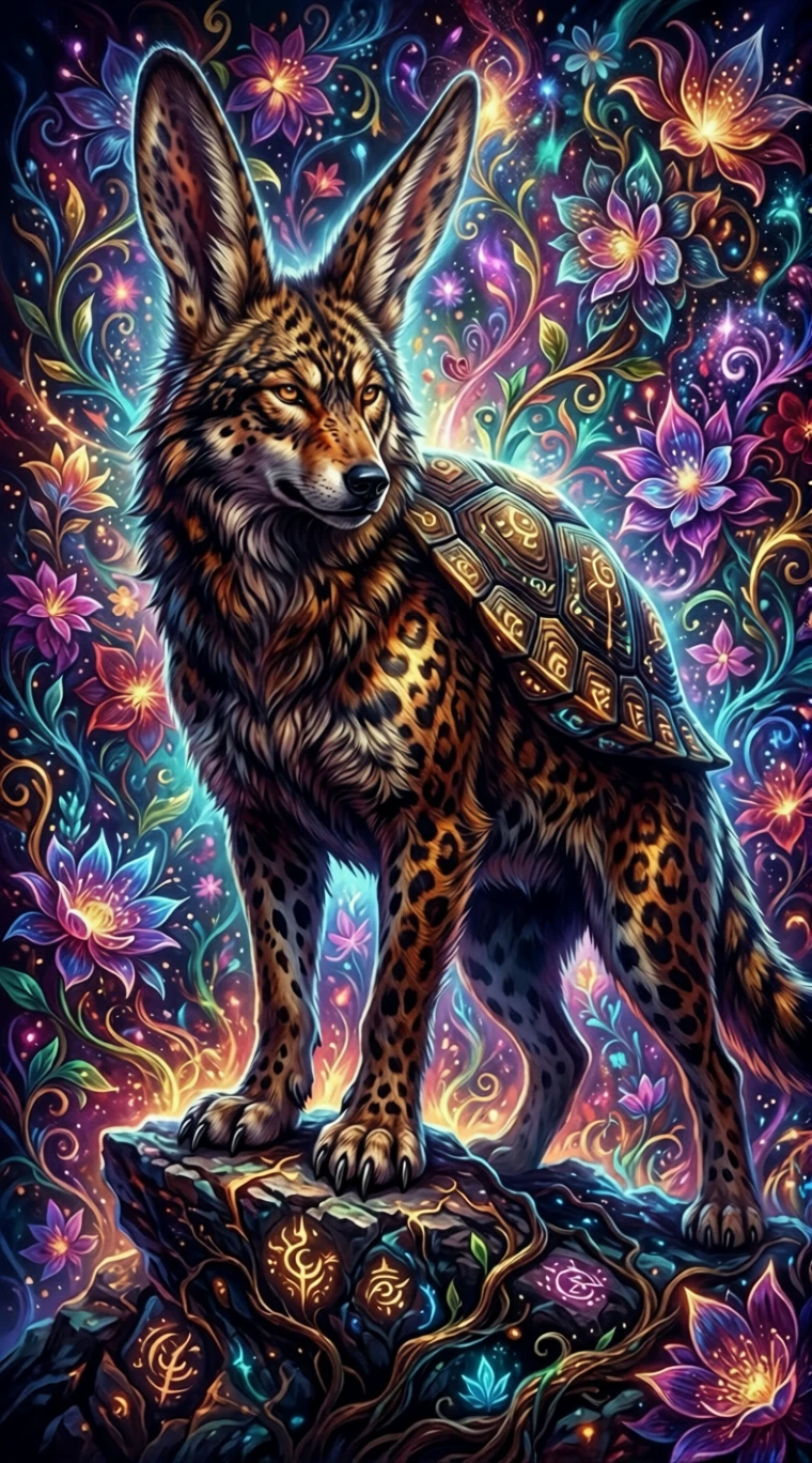 Mythic tortoise hare wolf hybrid before magical floral glow