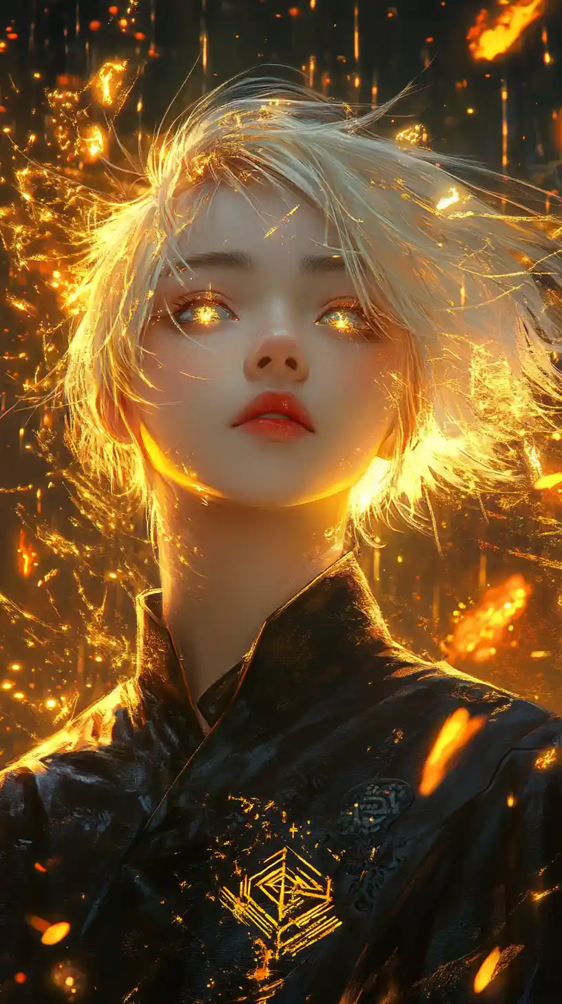 Golden lit anime girl gazing upward into mystical sky