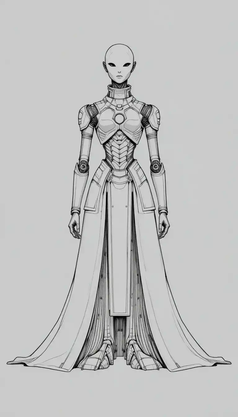Stylized humanoid robot in symmetrical mechanical ceremonial armor