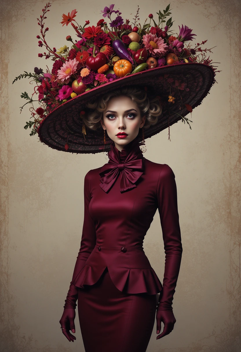 Femme élégante avec chapeau floral de légumes dans un portrait surréaliste rouge