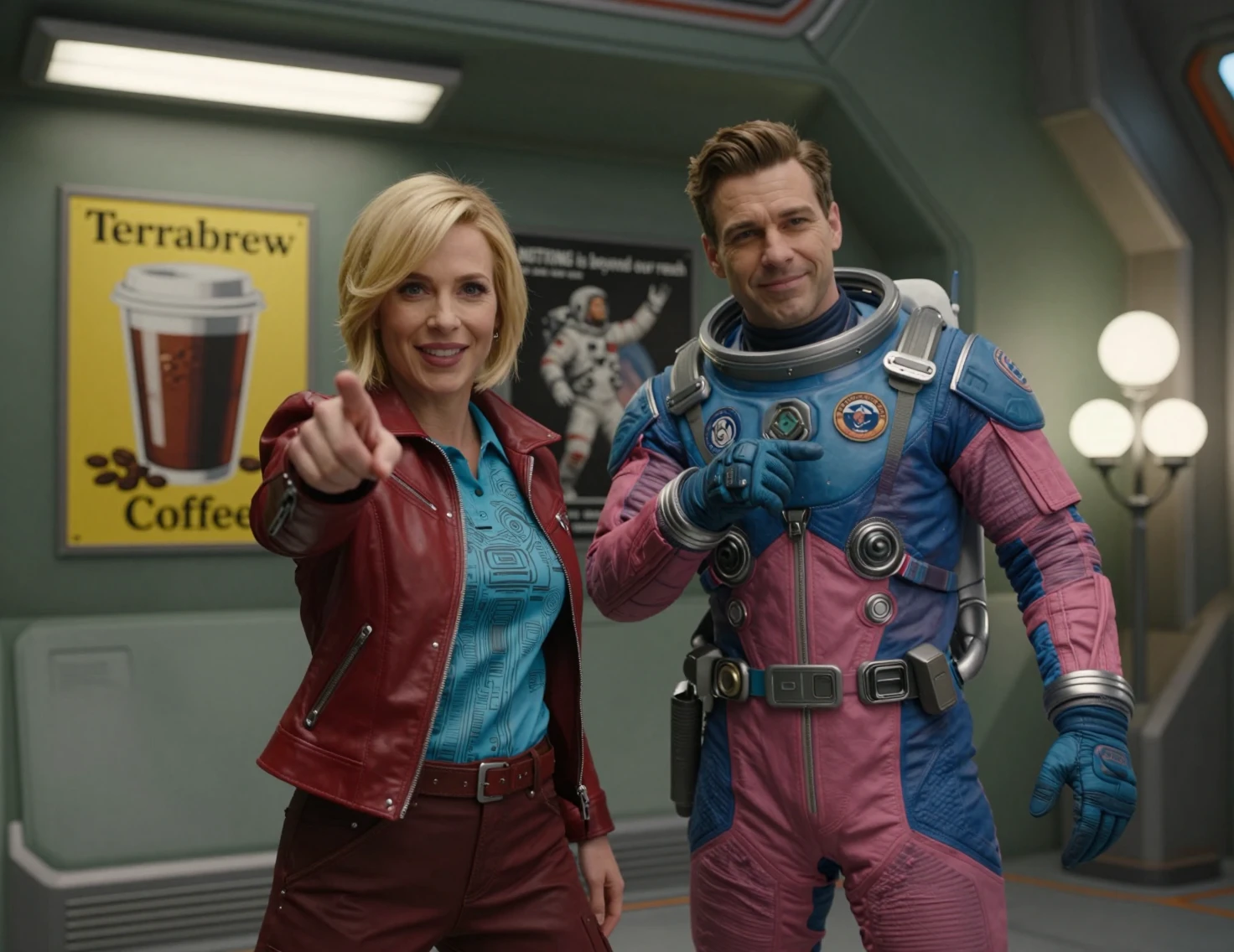 Blonde astronaut woman pointing playfully in a sci fi corridor