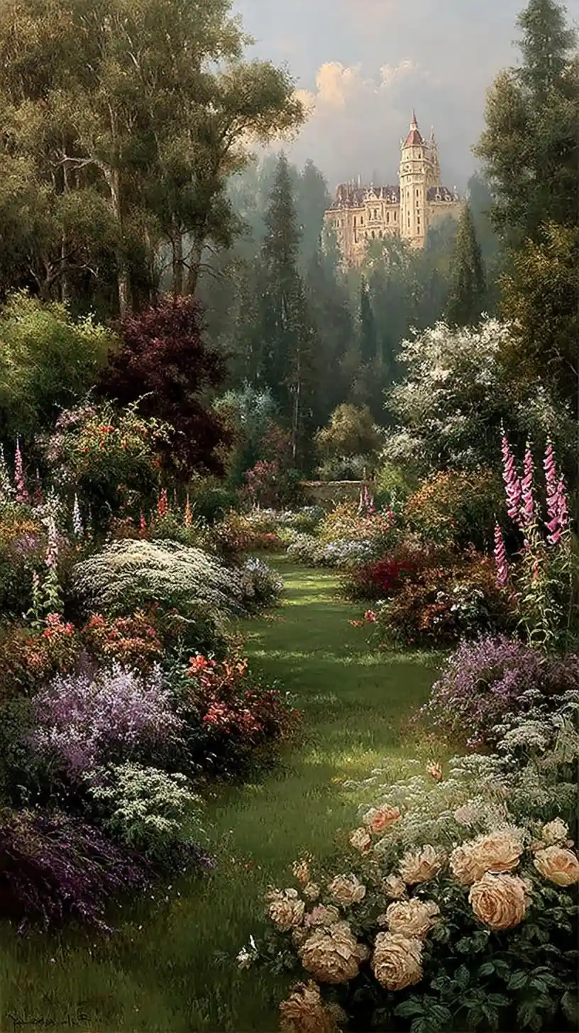 Enchanted flower garden glowing in soft golden evening light