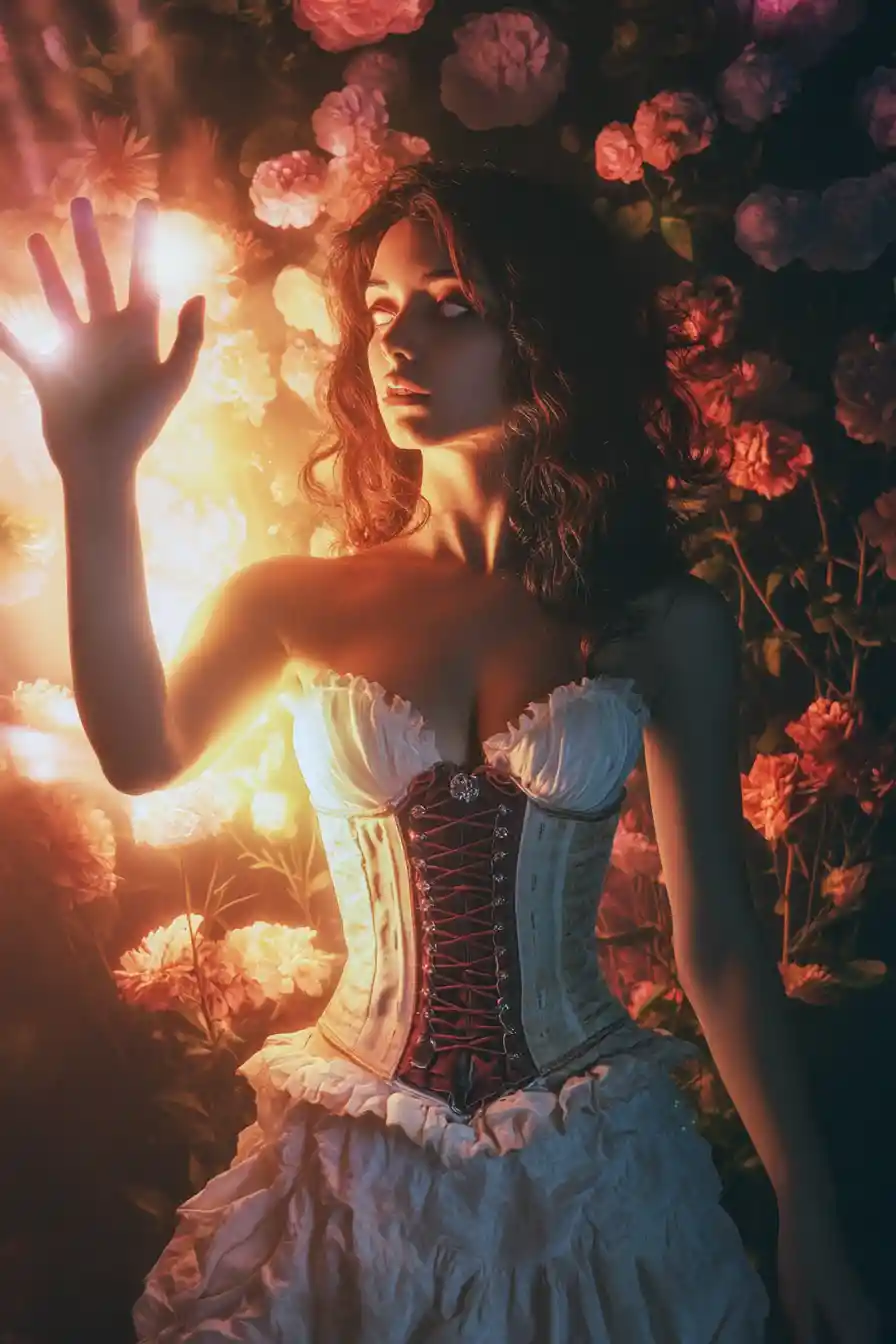 Woman holding a light amid flowers in the dark