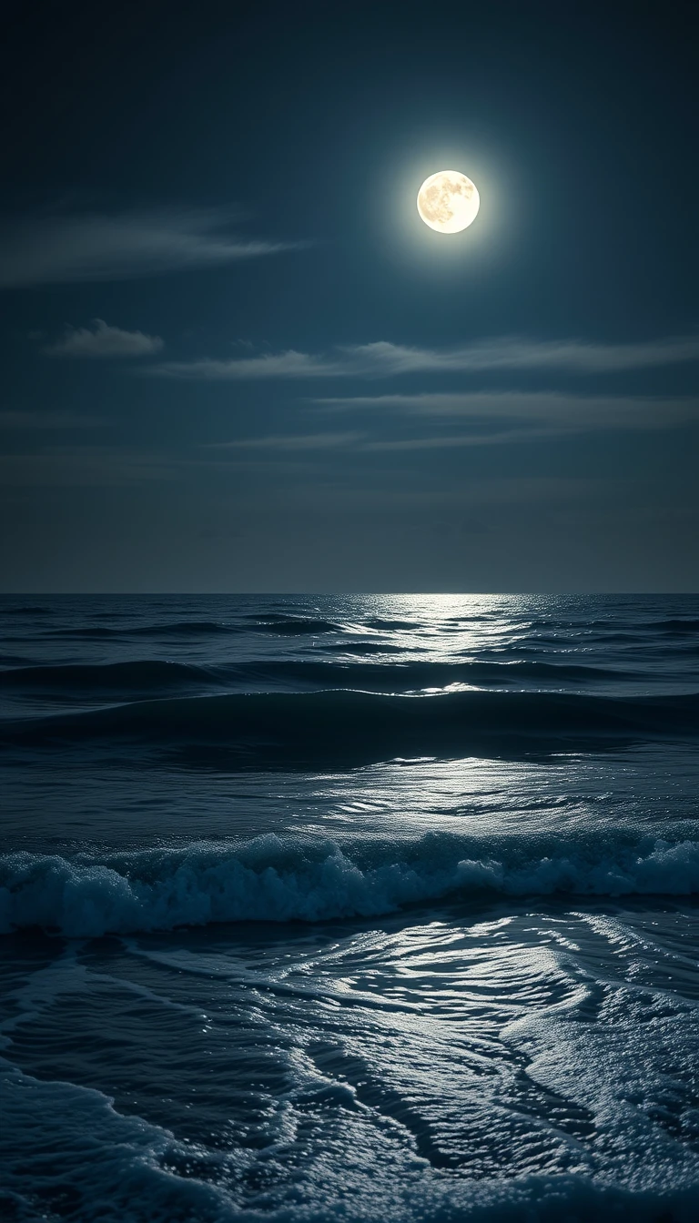 Peaceful moonlit seascape with calm waves on the shore