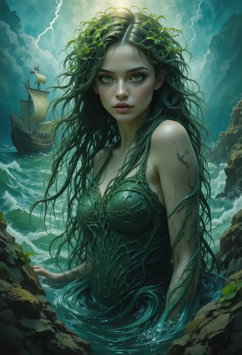 Eerie water spirit woman rising from a stormy turquoise sea