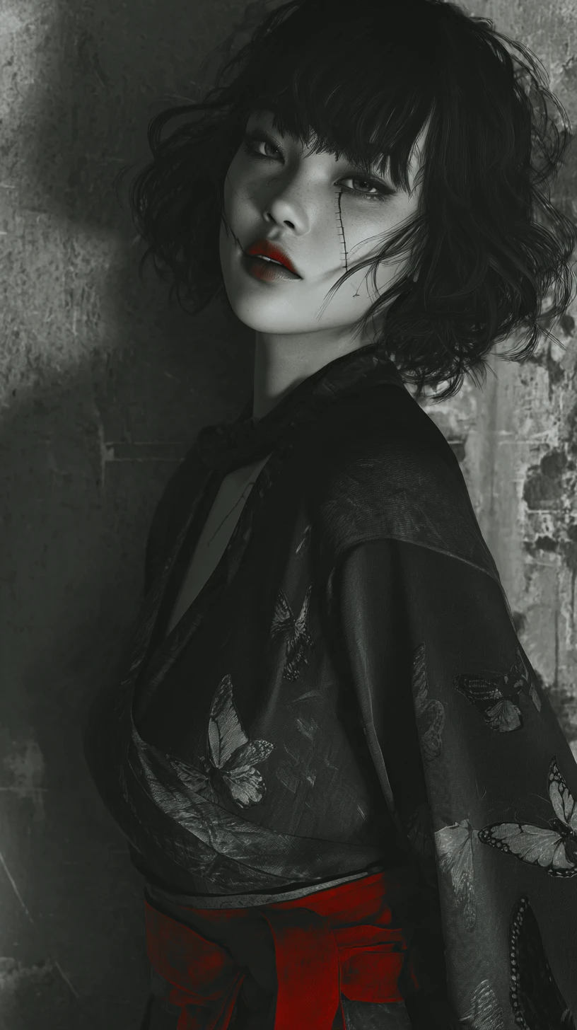 Melancholic woman in kimono with stitches and butterflies