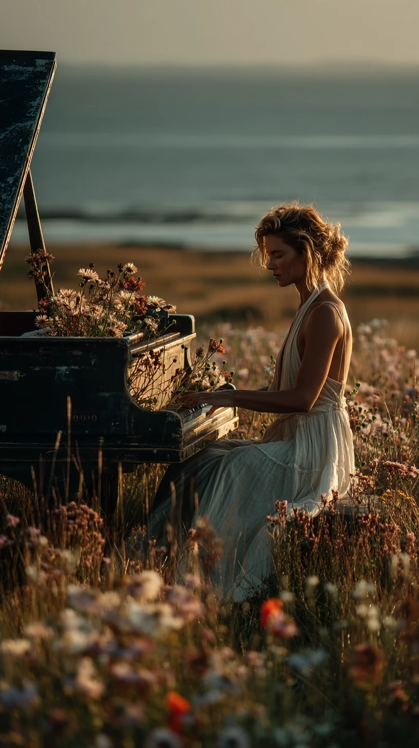 Donna in abito bianco che suona il pianoforte in un prato di fiori selvatici