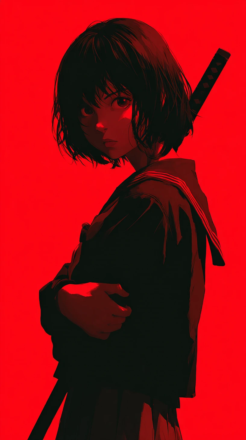 Anime schoolgirl with katana on vivid red background
