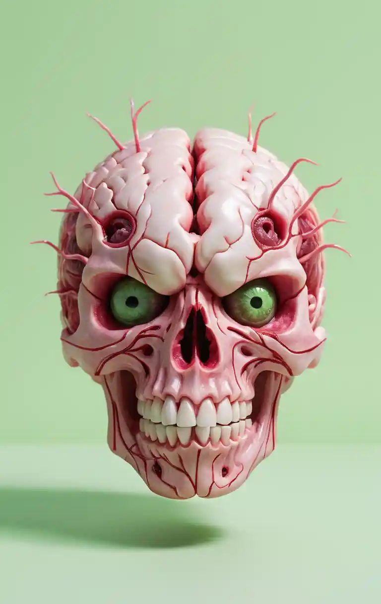 Cartoon brain bursting from skull with bulging eyes