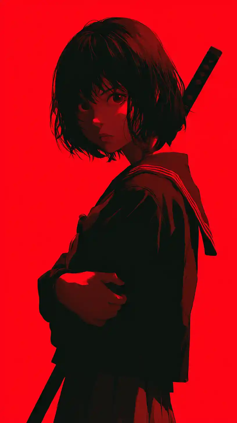 Anime schoolgirl with katana on vivid red background