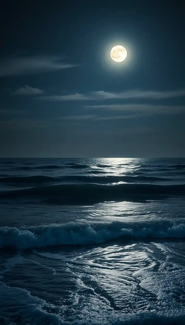 Peaceful moonlit seascape with calm waves on the shore