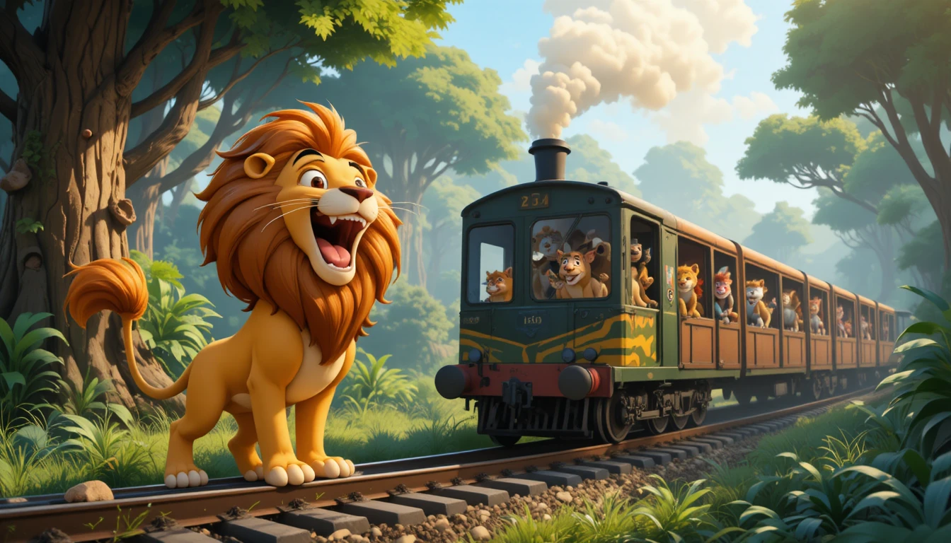 Playful Cartoon Lion Roaring Beside a Jungle Train Track