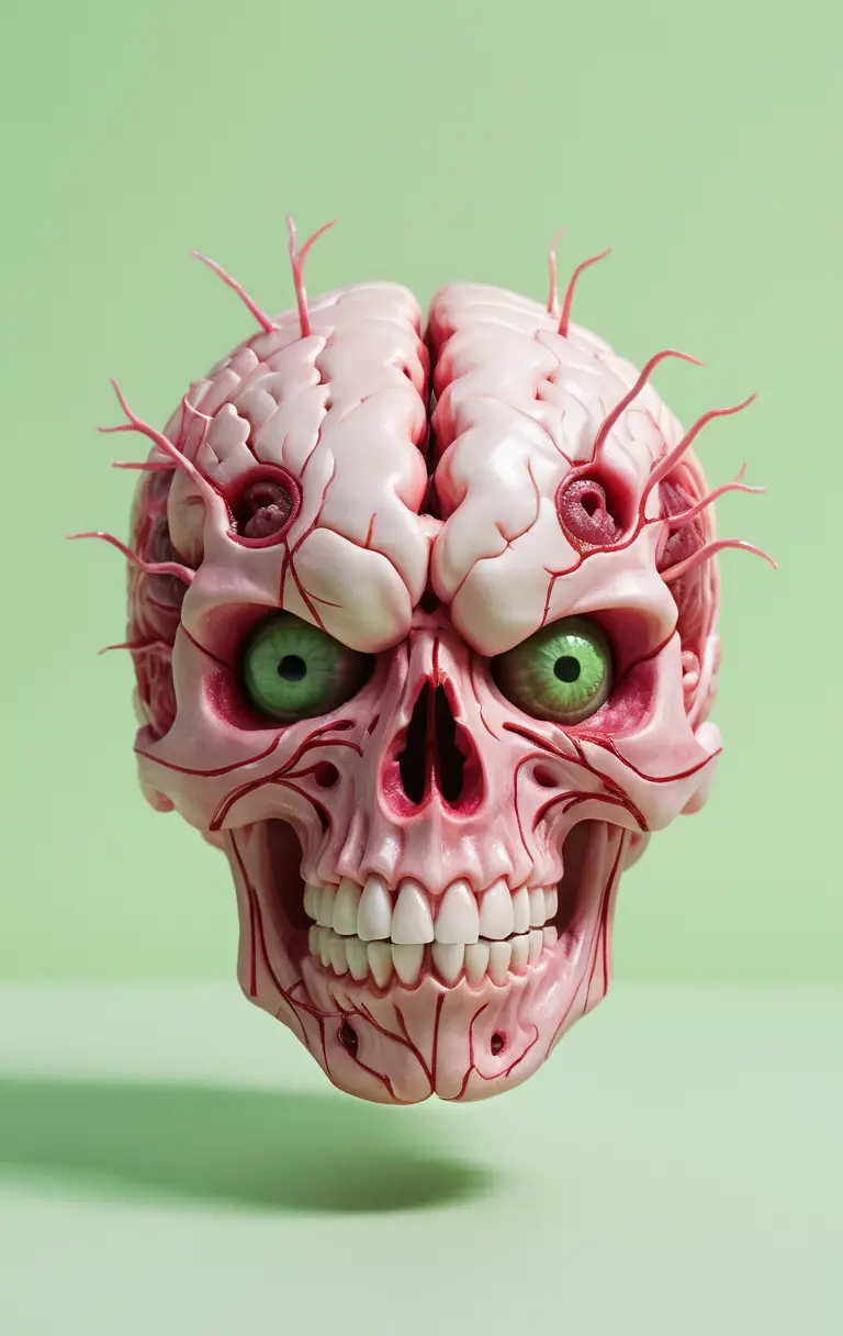 Cartoon brain bursting from skull with bulging eyes