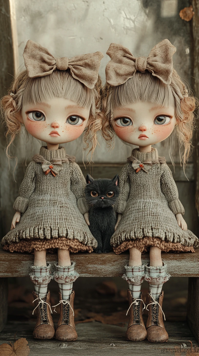 Two cute cartoon girls with a cat on a wooden bench