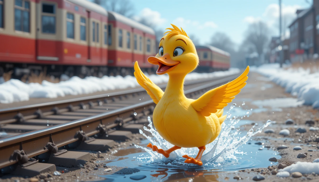 Yellow cartoon duck splashing by a passing train track
