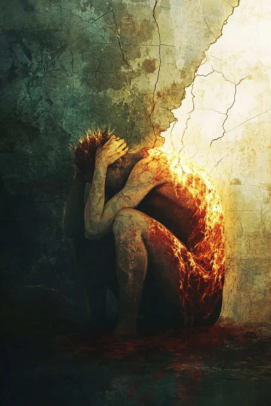 Tormented figure burning with borrowed light in darkness