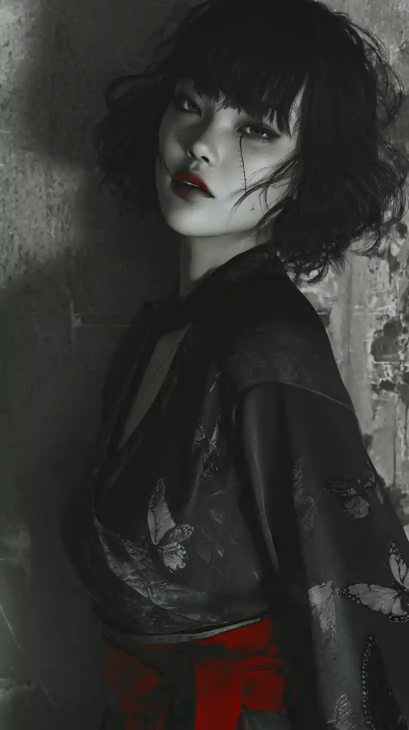 Melancholic woman in kimono with stitches and butterflies