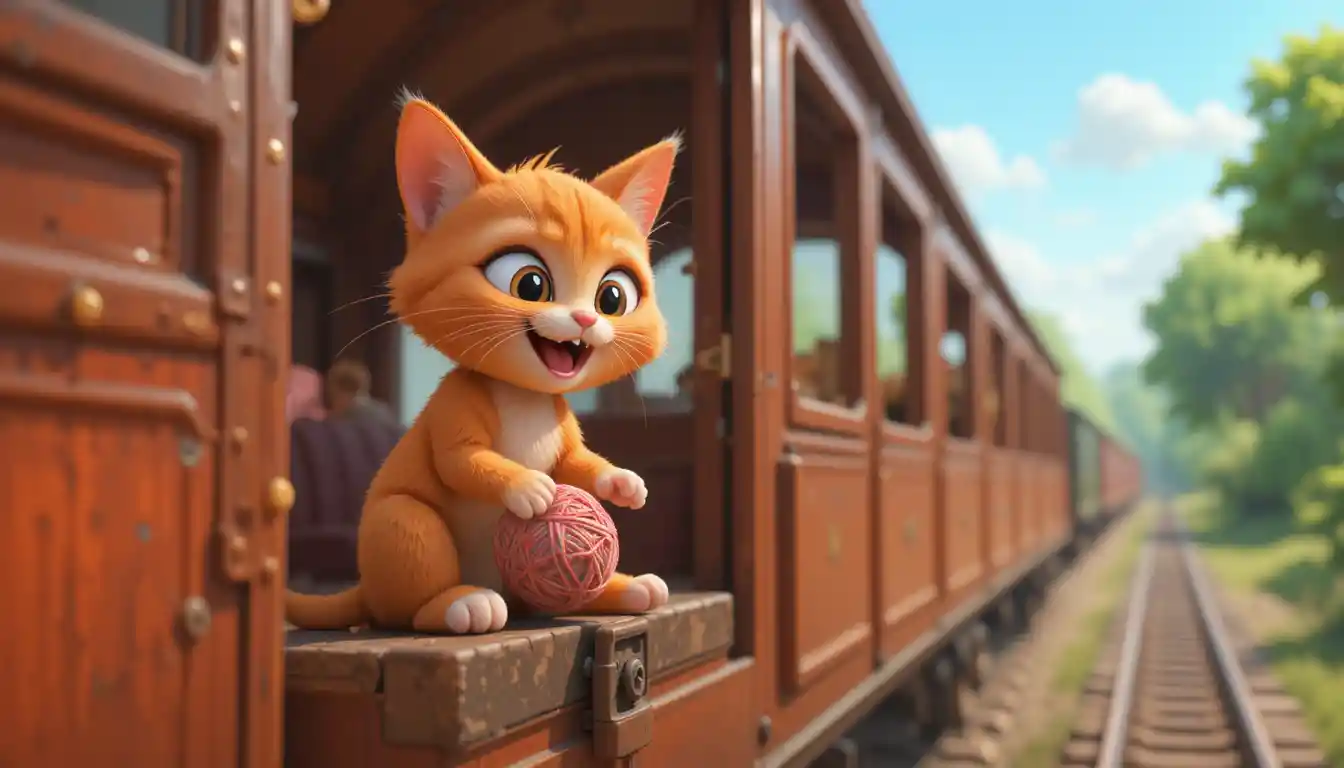Playful Orange 3D Cat With Yarn In A Train Wagon