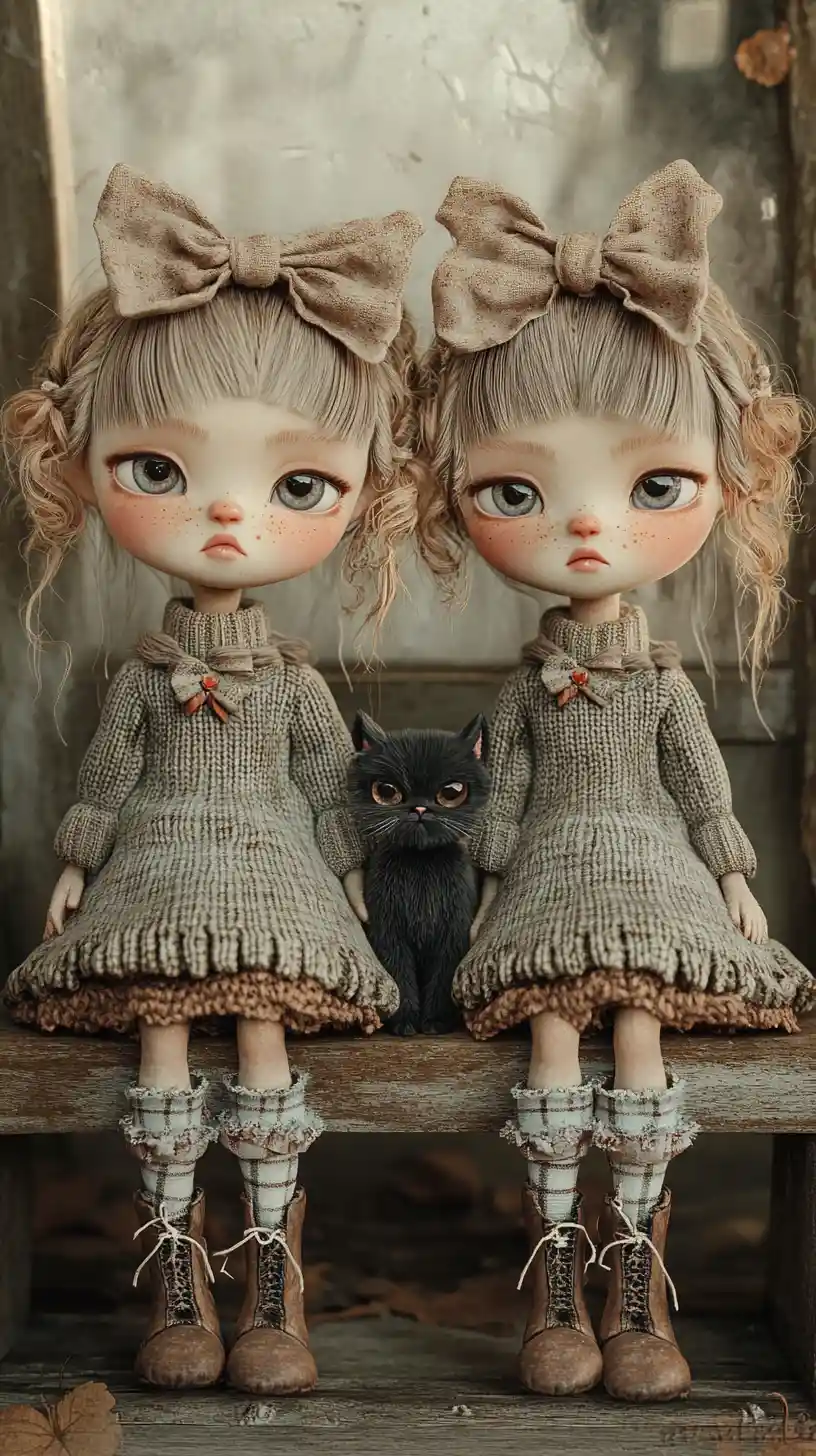 Two cute cartoon girls with a cat on a wooden bench