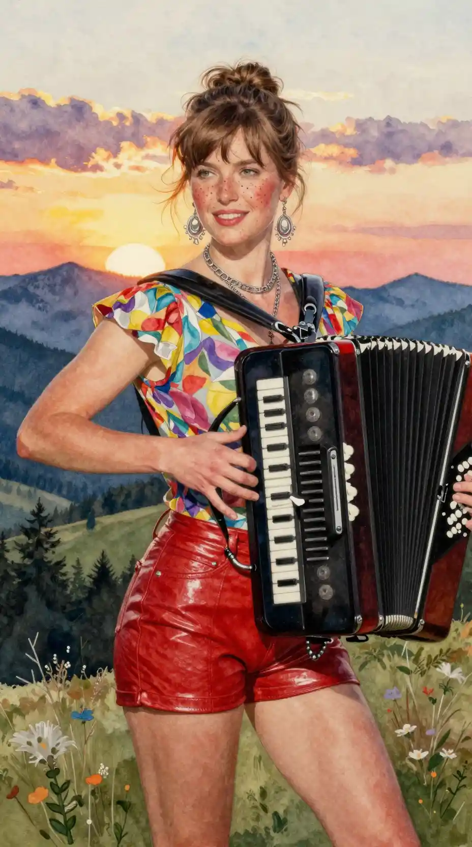 Smiling freckled redhead girl playing accordion at sunset