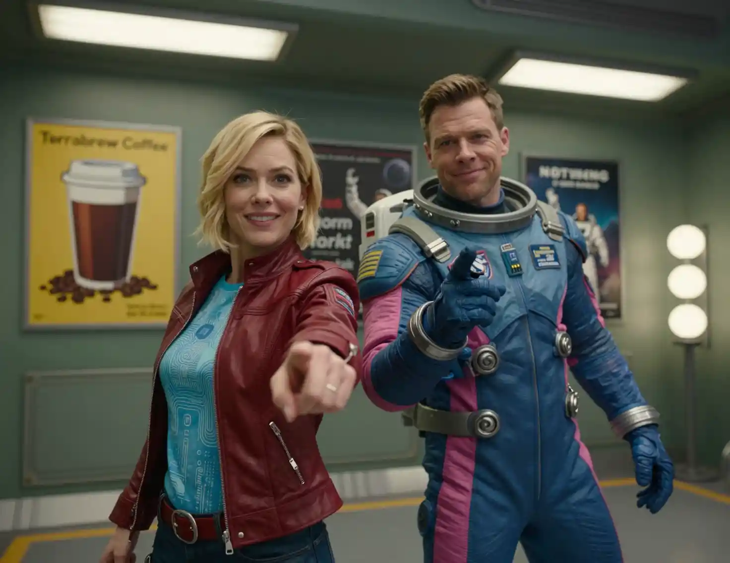 Blonde astronaut woman pointing forward beside suited crewmate