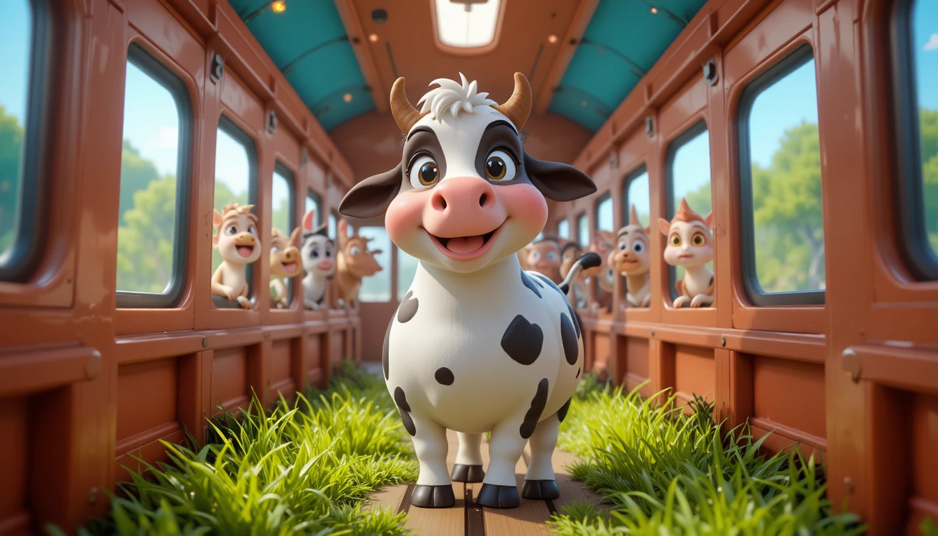 Cute cartoon cow inside a colorful 3D train wagon