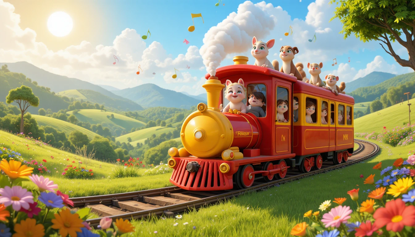 Smiling Cartoon Train With Animals In Sunny Green Hills