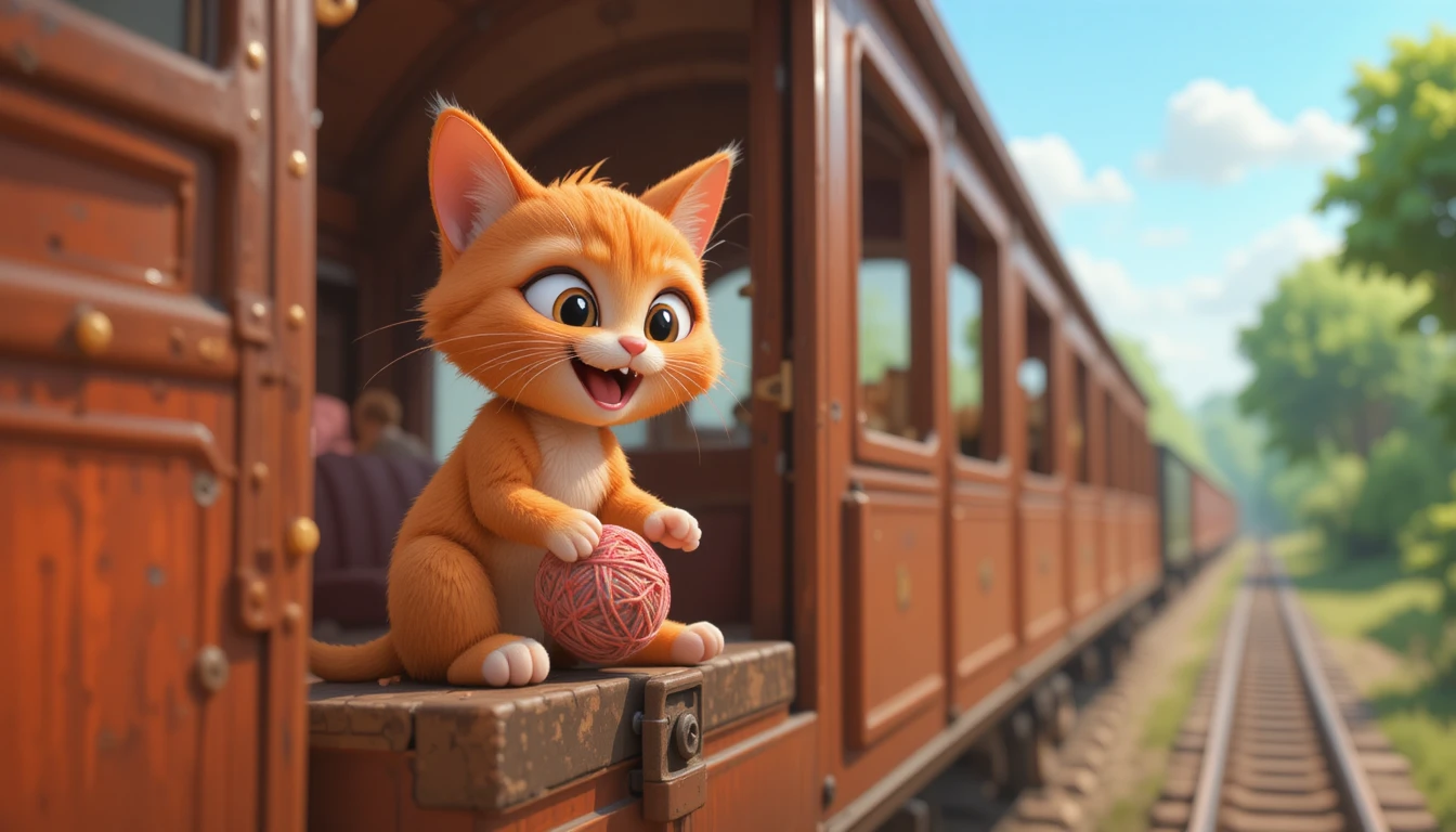 Playful Orange 3D Cat With Yarn In A Train Wagon