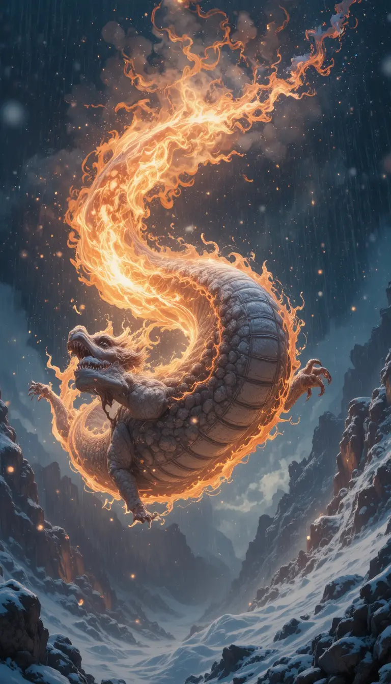 Flaming Chinese dragon comet falling from space toward snowy earth