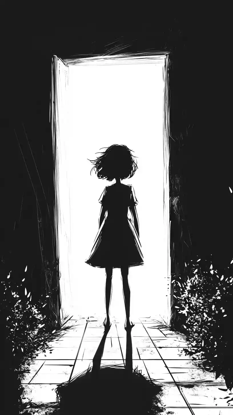 Silhouetted girl in backlit doorway with tiled floor shadows