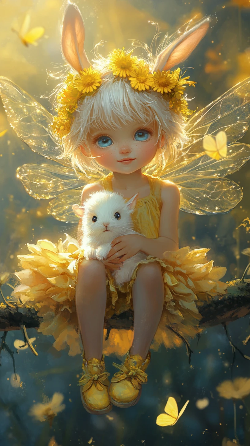 Cute fairy girl holding a white rabbit on a branch