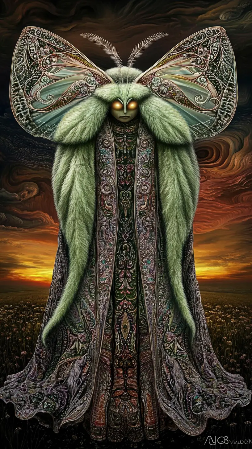 Mystical moth like being in shifting sunset landscape