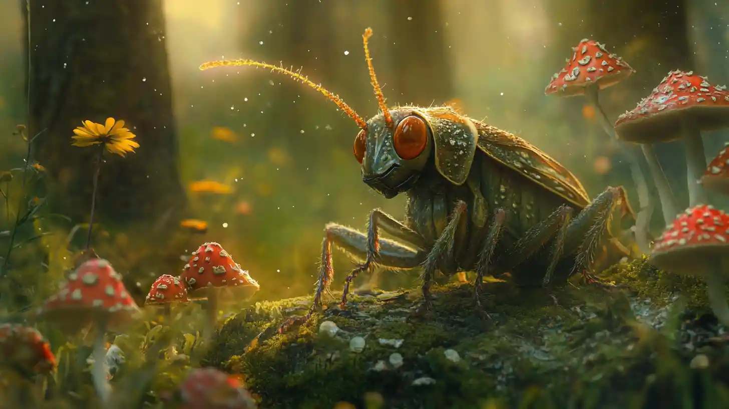 Cute cricket resting among forest mushrooms and flowers
