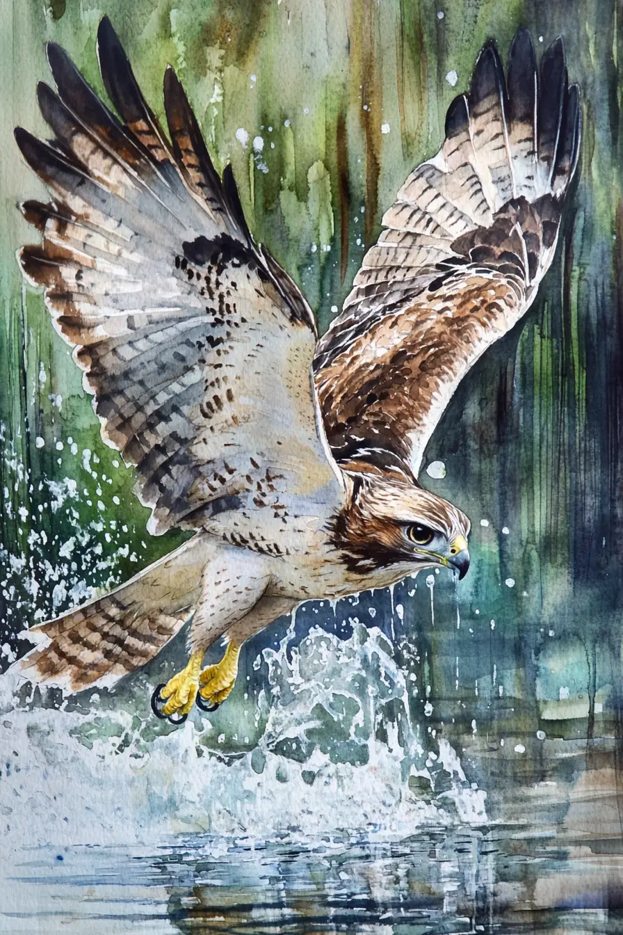 Watercolor hawk diving into a river with frozen splash
