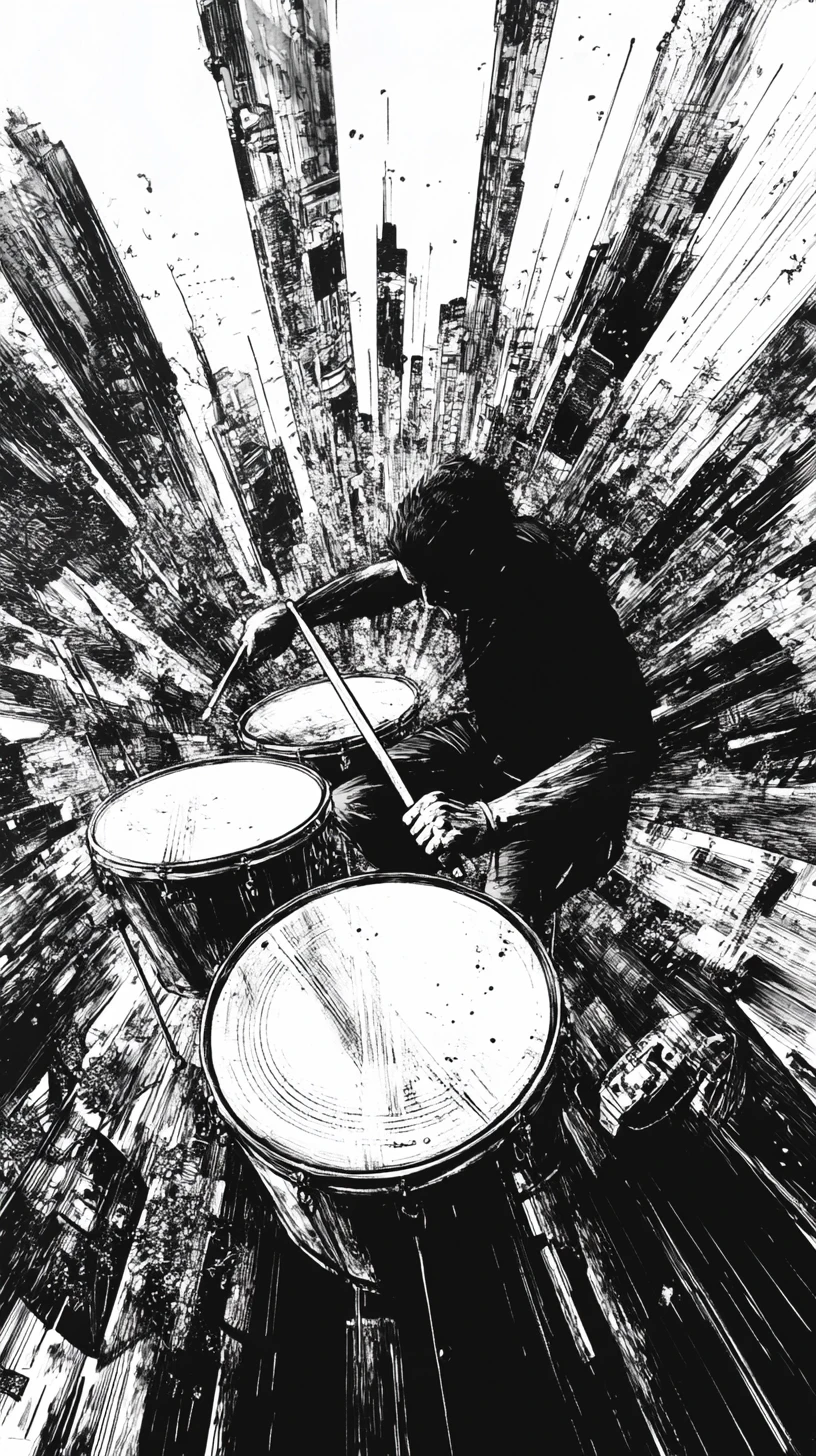 Baterista destrozando una batería en una ilustración urbana explosiva