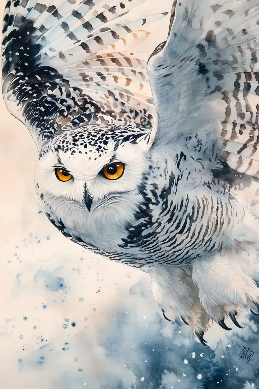 Schneeeule stürzt nach vorn in einer Aquarell-Nahaufnahme