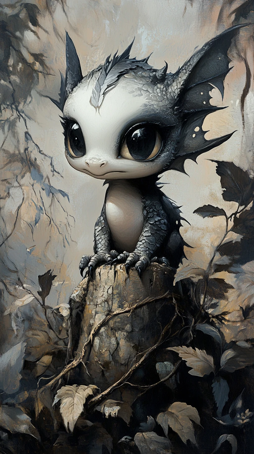 Whimsical Gothic Baby Dragon Resting On Gnarled Forest Root